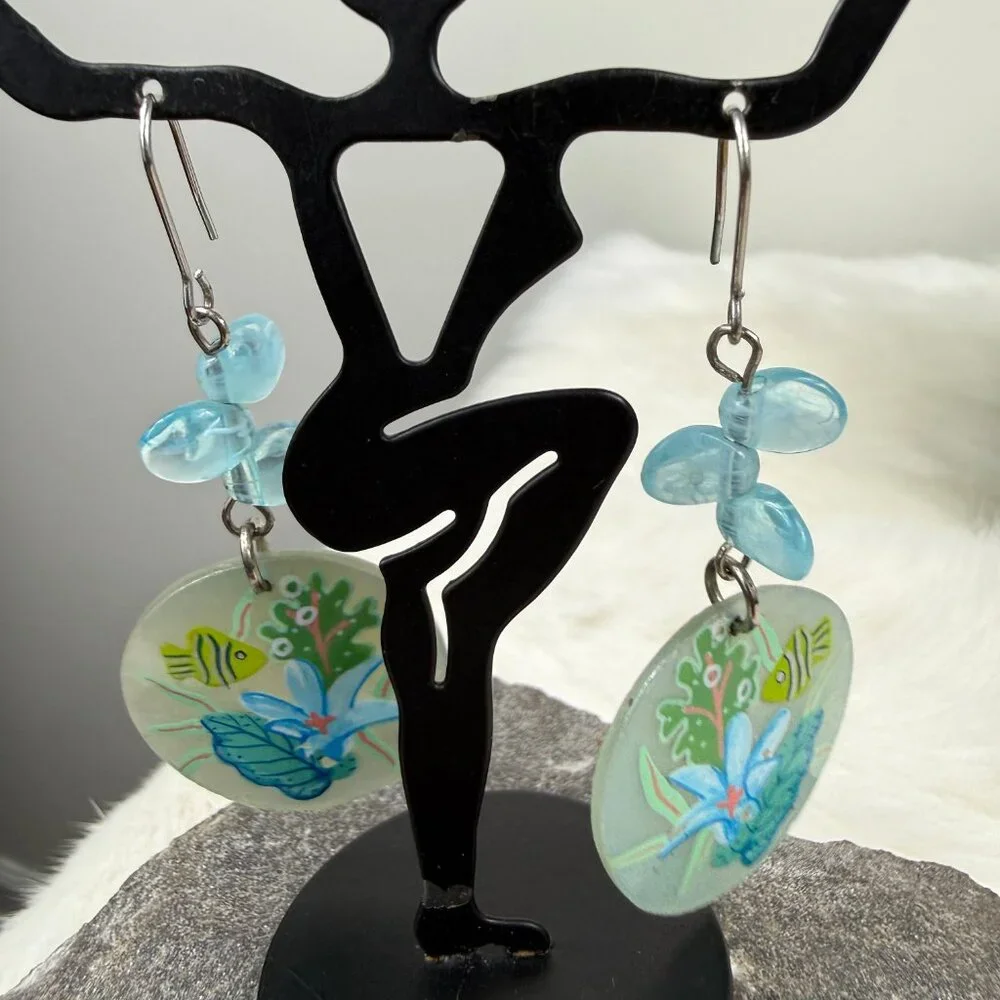 Hand Painted Fish Ocean Scene Dangle & Drop Pierced Earrings